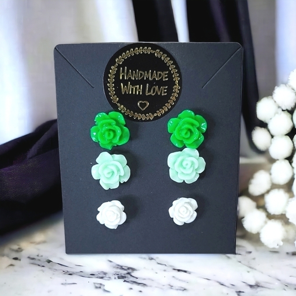 Handcrafted Rose Earrings - 3-Piece Set In White, Mint, And Kelly Green